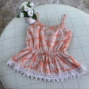{Fifty Street} Peach Floral Top Eyelet‎ Hem Drawstring Waist Size Small